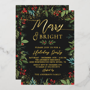 Real Foil Merry & Bright Black Gold Floral Holiday Invitation