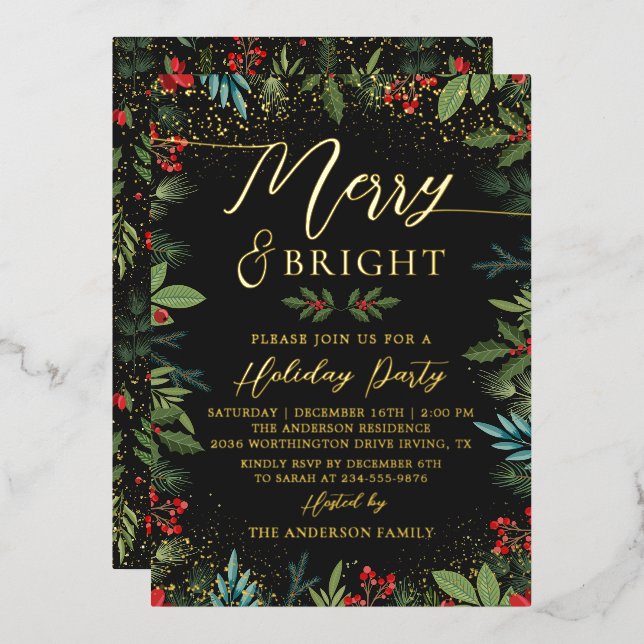 Real Foil Merry & Bright Black Gold Floral Holiday Invitation (Front/Back)