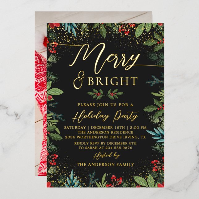 Real Foil Merry & Bright Photo Christmas Party Invitation (Front/Back)