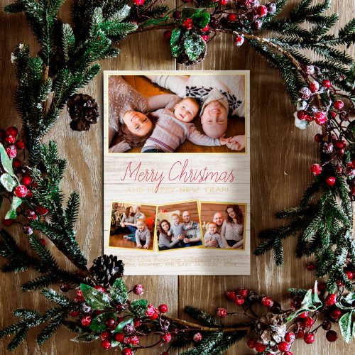 Real Foil  Merry Christmas Rustic Wood 4 Photo Foil Holiday Card
