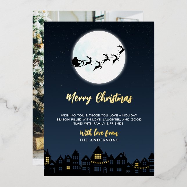 *REAL FOIL* Merry Christmas Santa's Sleigh & Photo Foil Holiday Card (Front/Back)