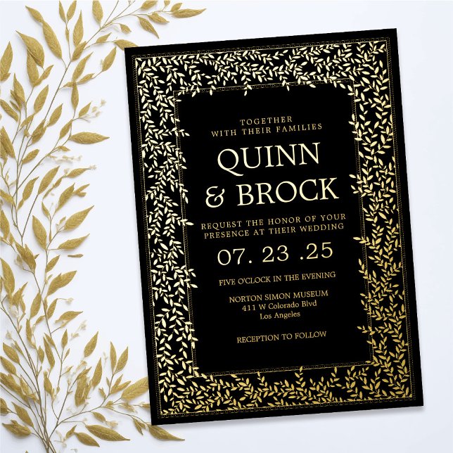 Real Foil Minimal Leaf Gold Foliage Wedding Foil Invitation (Creator Uploaded)