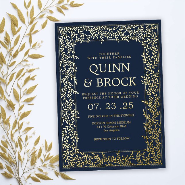 Real Foil Minimal Leaf Gold Foliage Wedding Foil Invitation (Creator Uploaded)