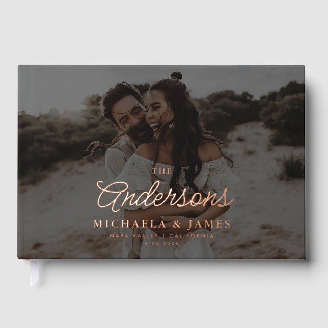 *REAL FOIL* Modern Elegant Script Rose Wedding Foil Guest Book (Front)