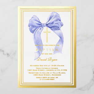 Real Foil Modern Gold Blue Bow Boy Baptism Invitation