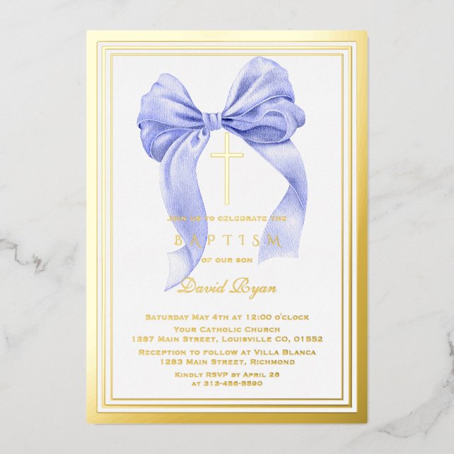 Real Foil Modern Gold Blue Bow Boy Baptism Invitation (Front)