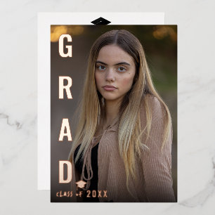 Real Foil Modern GRAD Graduation Photo Party BBQ Foil Invitation
