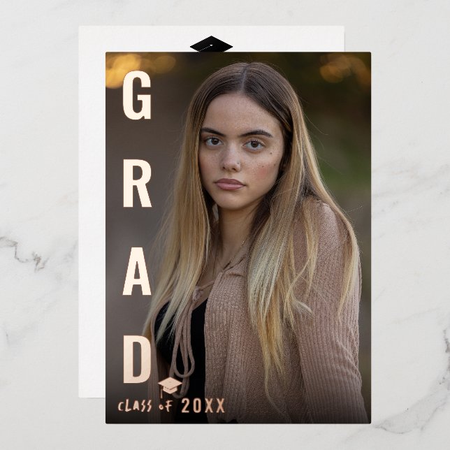Real Foil Modern GRAD Graduation Photo Party BBQ Invitation (Front/Back)