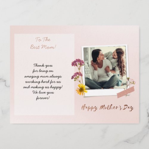 Real foil Mothers Day Photo Brushed Script   Foil Holiday Postcard