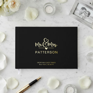 Real Foil Mr & Mrs Personalized Name Black Wedding Guest Book