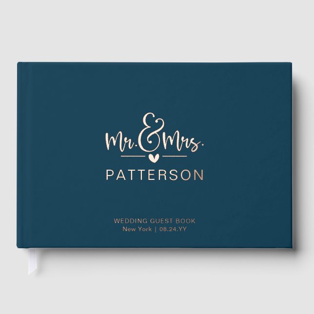 Real Foil Mr & Mrs Personalized Name Blue Wedding Foil Guest Book (Front)