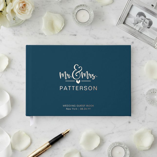 Real Foil Mr & Mrs Personalized Name Blue Wedding Guest Book (Creator Uploaded)