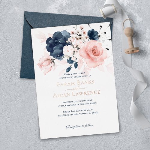 Real Foil Navy Blue and Blush Pink floral wedding  Foil Invitation