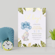 Real Foil | Oh Boy Watercolor Elephant Baby Shower Foil Invitation