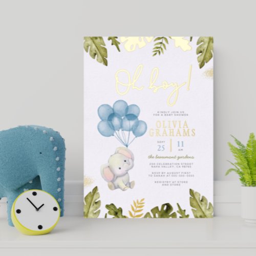 Real Foil  Oh Boy Watercolor Elephant Baby Shower Foil Invitation