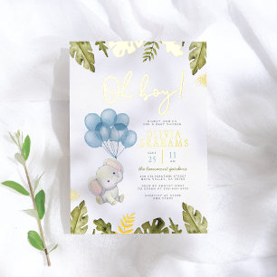 Real Foil   Oh Boy Watercolor Elephant Baby Shower Foil Invitation
