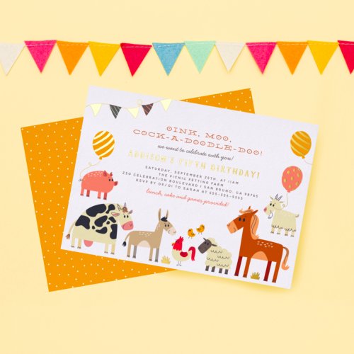 Real Foil  Oink Moo Farm Animals Birthday Party Foil Invitation