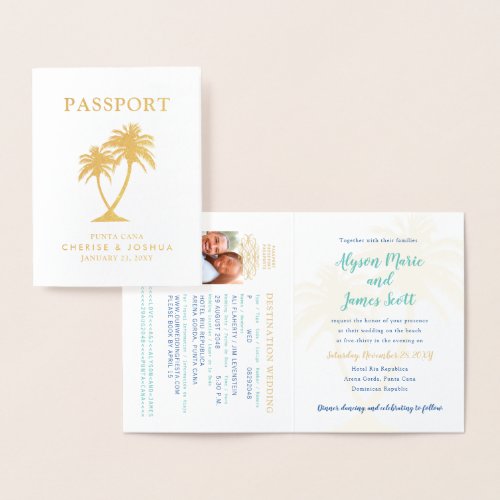 Real Foil Palm Tree Passport Wedding Invitation
