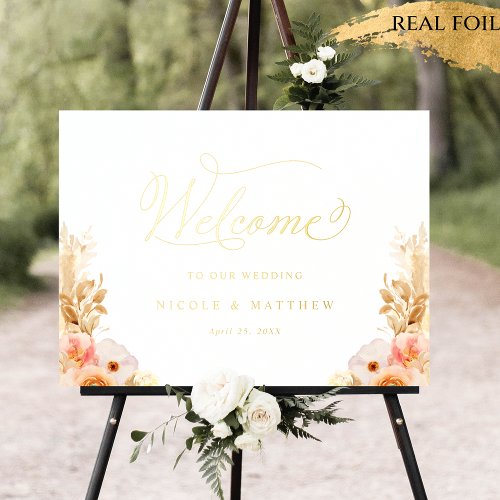 Real Foil Peach Floral Wedding Welcome Sign