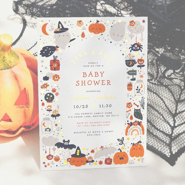 Real Foil | Peek A Boo Boho Halloween Baby Shower Invitation Postcard (Creator Uploaded)