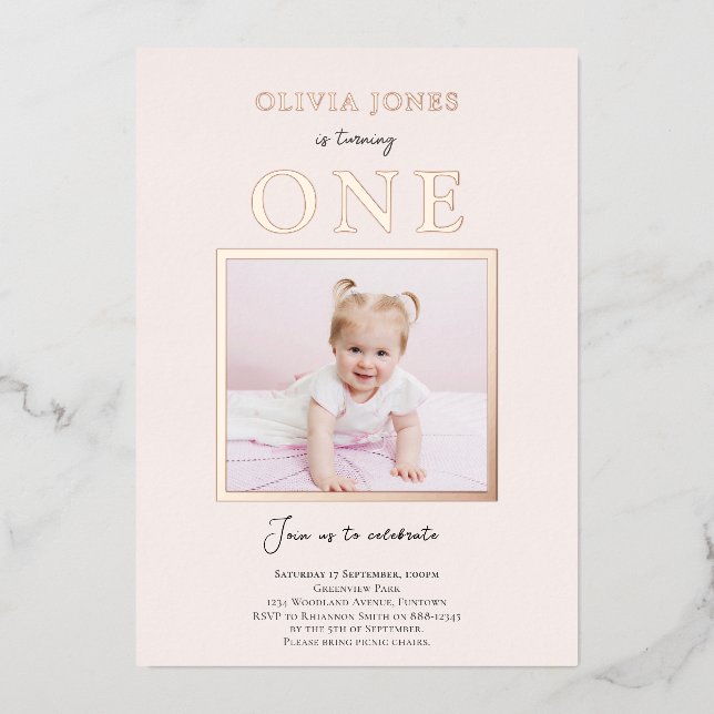 Real Foil, Photo 1st Birthday invitation in pink Foil Invitation (Front)