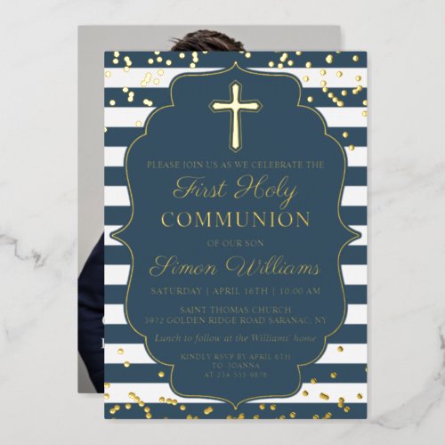 Real Foil Photo Gold Blue Stripes First Communion Foil Invitation