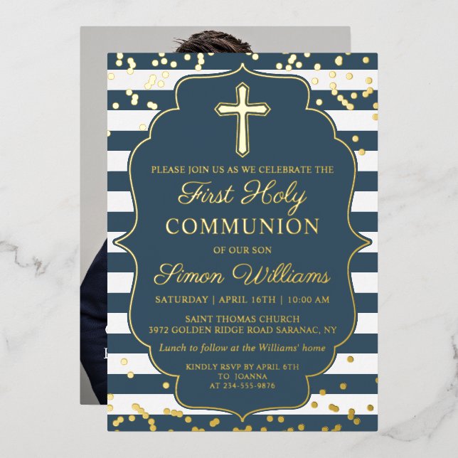 Real Foil Photo Gold Blue Stripes First Communion Foil Invitation (Front/Back)