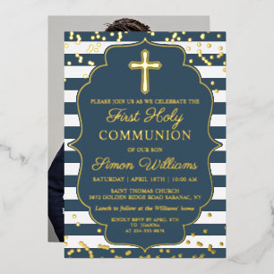 Real Foil Photo Gold Blue Stripes First Communion Invitation