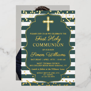 Real Foil Photo Gold Green Stripes First Communion Foil Invitation