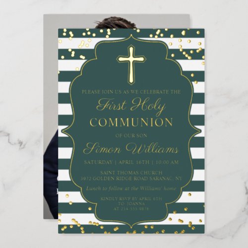 Real Foil Photo Gold Green Stripes First Communion Foil Invitation