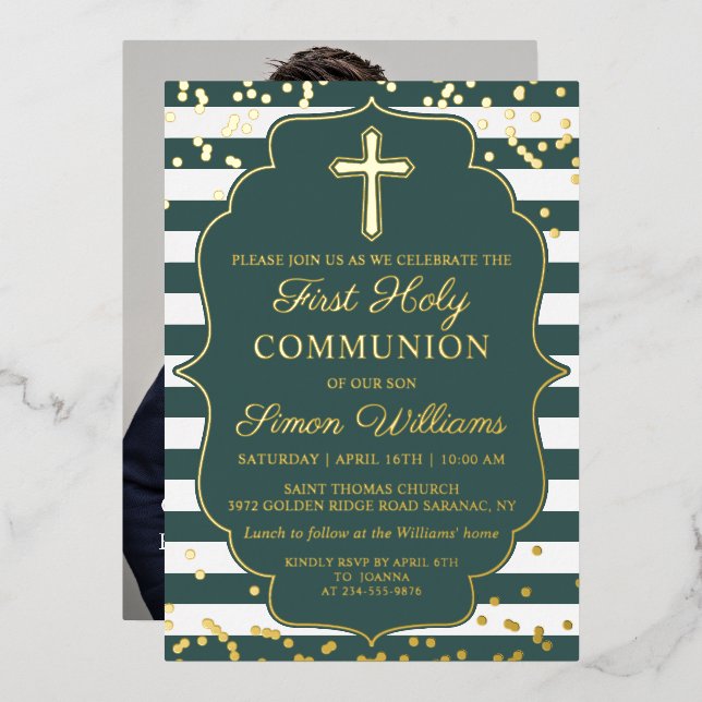 Real Foil Photo Gold Green Stripes First Communion Foil Invitation (Front/Back)