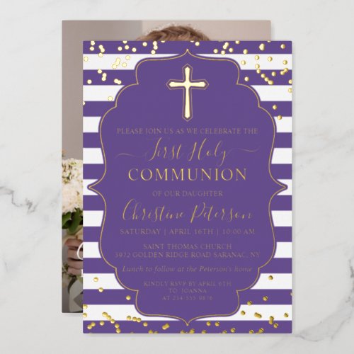 Real Foil Photo Gold Purple Stripe First Communion Foil Invitation