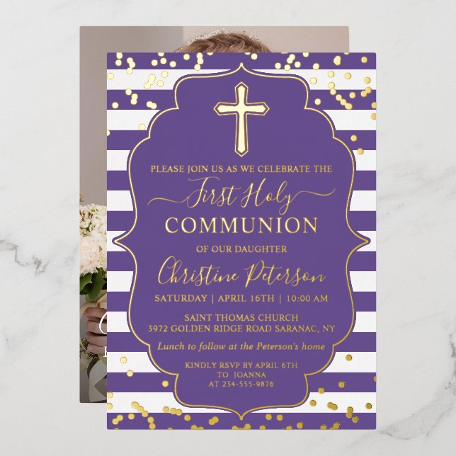 Real Foil Photo Gold Purple Stripe First Communion Foil Invitation (Front/Back)