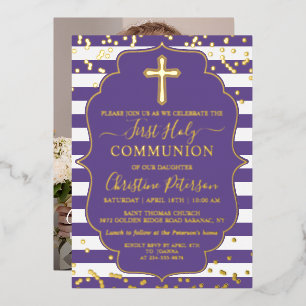 Real Foil Photo Gold Purple Stripe First Communion Invitation