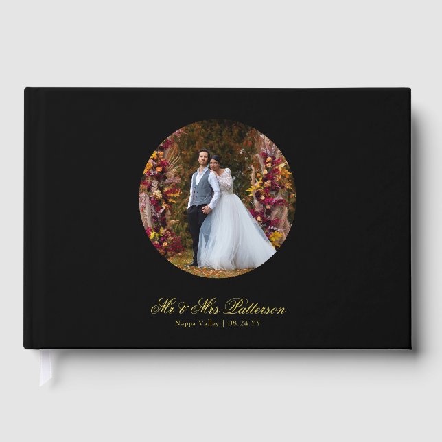 Real Foil Photo Simple Personalized Black Wedding Foil Guest Book (Front)