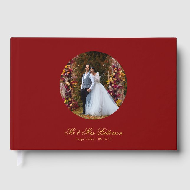 Real Foil Photo Simple Personalized Red Wedding Guest Book (Front)
