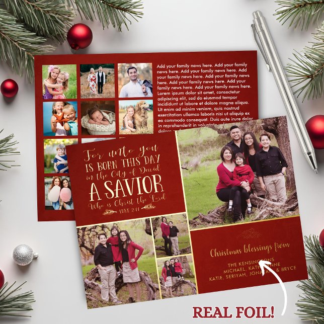 REAL Foil Red Christian Christmas Photo Collage Foil Holiday Card (REAL Foil Red Christian Christmas Photo Collage Foil Holiday Card)