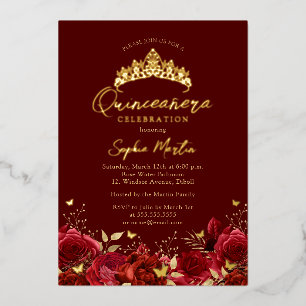 Real Foil Red Floral Butterfly Tiara Quinceanera  Foil Invitation