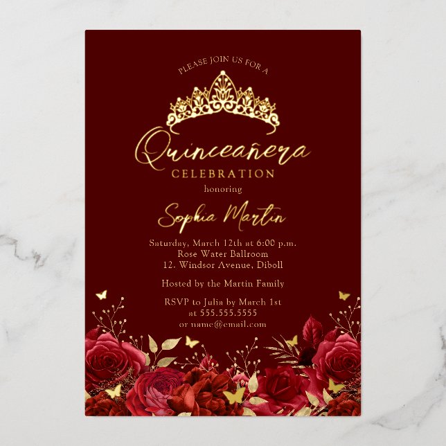 Real Foil Red Floral Butterfly Tiara Quinceanera  Foil Invitation (Front)
