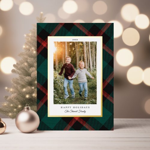 Real Foil Red Green Plaid Happy Holidays Foil Holiday Card