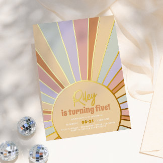 Real Foil Retro Sun Groovy Girl Birthday Party Foil Invitation