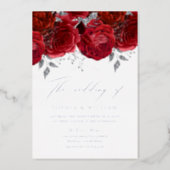 Real Foil Romantic Red Rose Wedding Silver Foil Invitation (Front)
