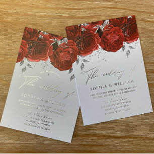 Real Foil Romantic Red Rose Wedding Silver Invitation