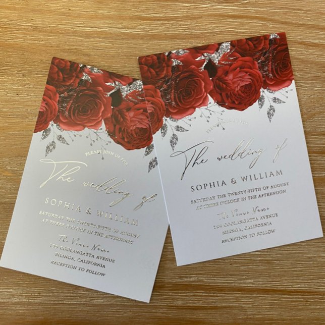 Real Foil Romantic Red Rose Wedding Silver Invitation (Creator Uploaded)