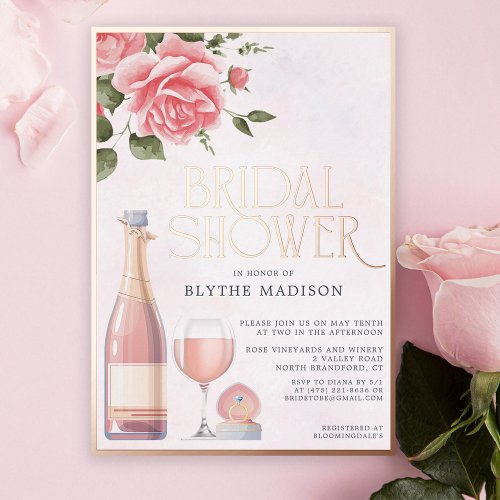 Real Foil Ros Floral Wine Bridal Shower Foil Invitation