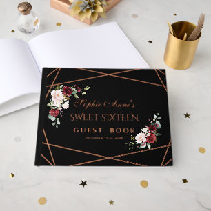 Real Foil Rose Gold Black Sweet Sixteen Party Foil Guest Book