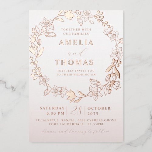 Real Foil Rose Gold Floral Wreath Wedding Foil Invitation