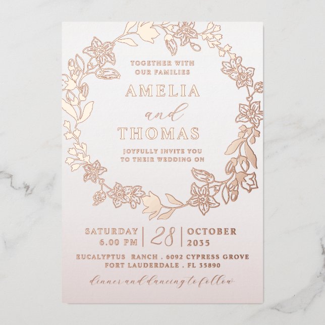 Real Foil Rose Gold Floral Wreath Wedding Foil Invitation (Front)
