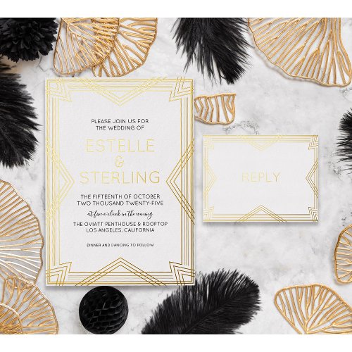 Real Foil RSVP Art Deco Geometric Gold Foil Meal  Foil Invitation Postcard