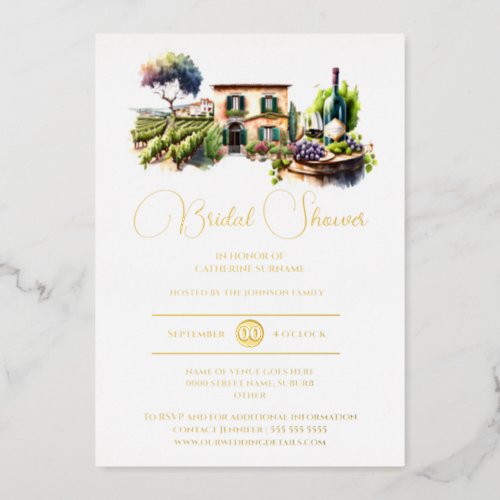 Real foil rustic winery landscape gold bridal foil invitation